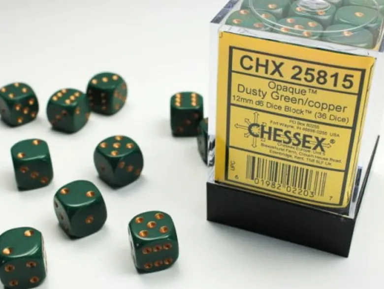 Chessex: - Opaque Dusty Green/Copper 12mm d6 dice block (36)