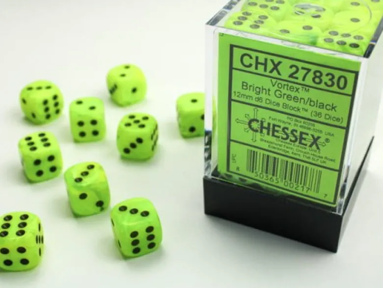 Chessex: - zestaw k6 12mm Vortex Bright Green/black