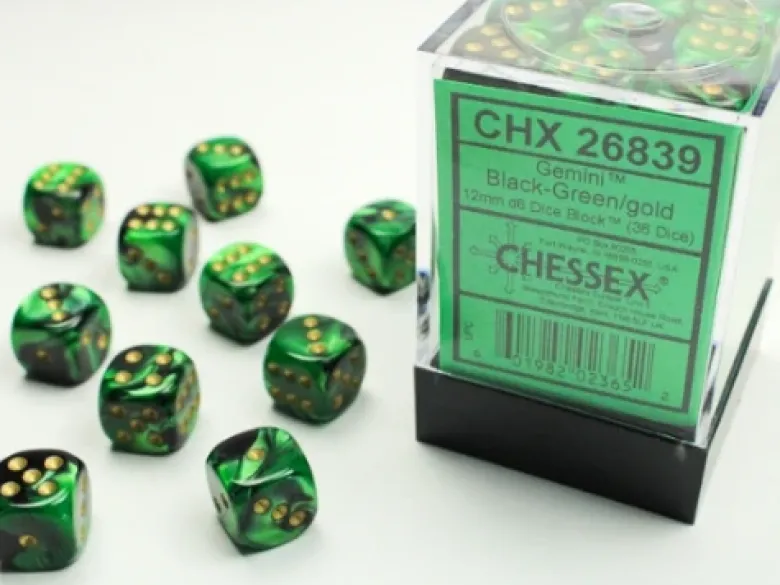 Kości Chessex: 12mm D6 (36) Gemini Black-Green